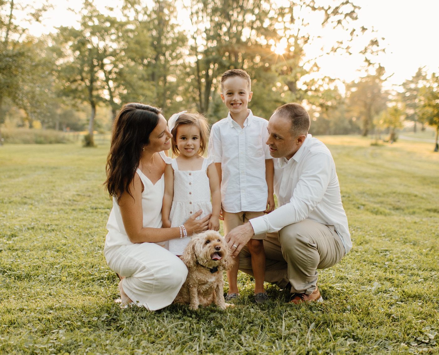 Family of four and their dog together in a golden-hour field — Home Team Photography